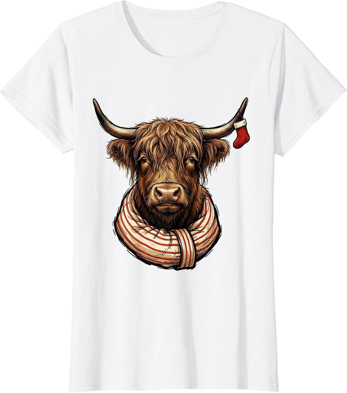 Shaggy Highland Cow Pajama Sleeve Holiday Humor T-Shirt - White