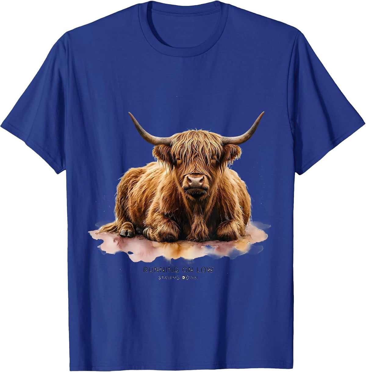 Running On Low, Staying Down Watercolor Highland Cow Cute T-Shirt - Royal Blue