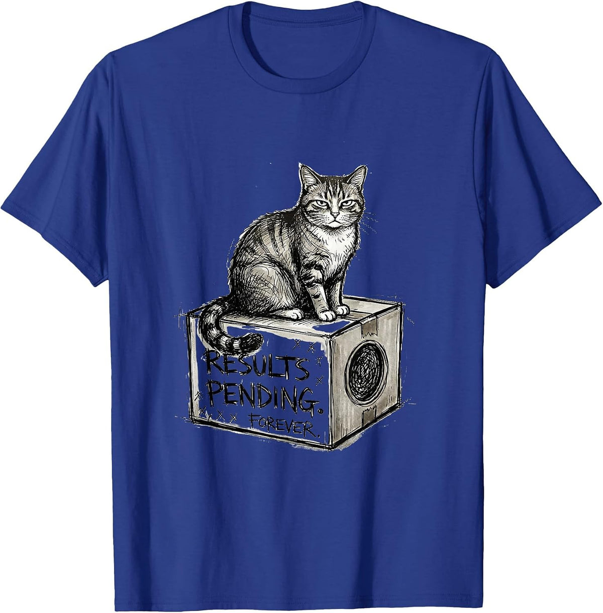 Men's Results Pending Forever Hand-Sketched Quantum Physics Humor T-Shirt - Royal Blue