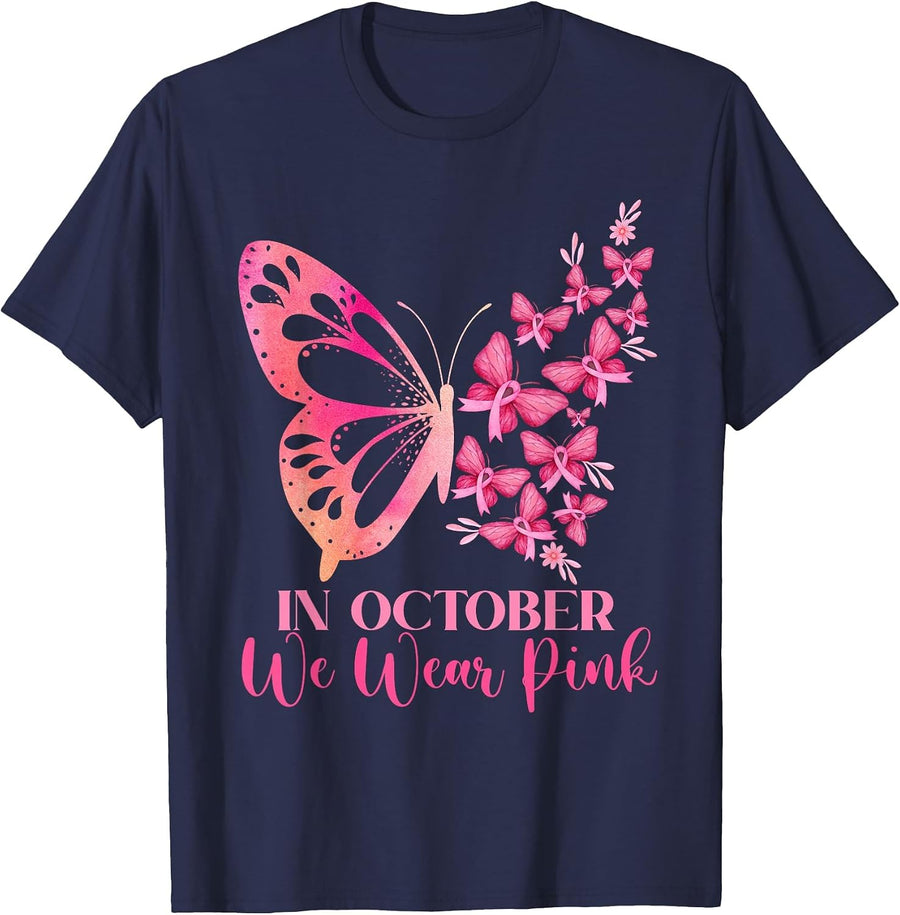 in October We Wear Pink Butterfly Breast Cancer Awareness T-Shirt - Navy Blue