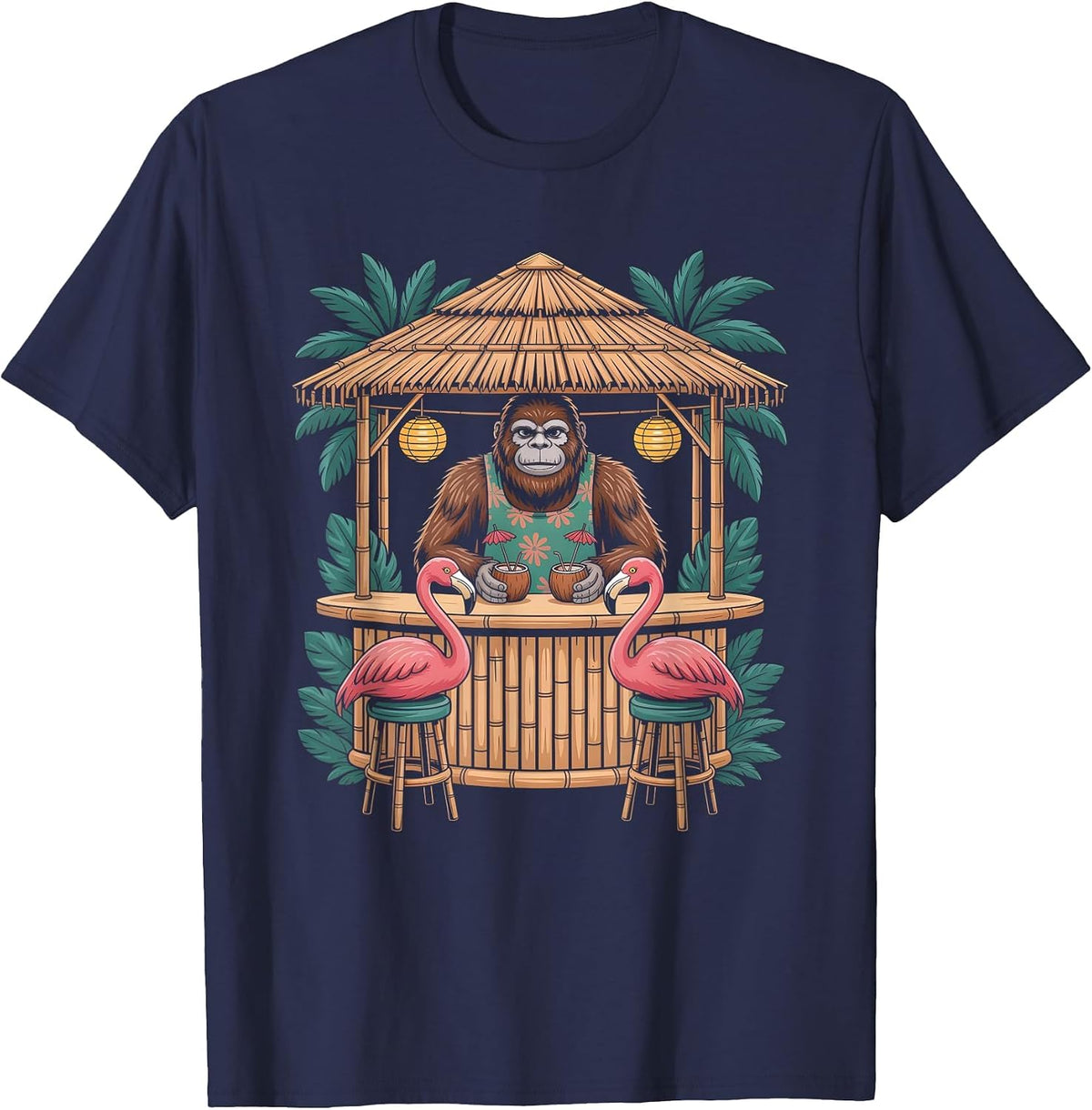 Bigfoot Flamingo Tiki Bar Summer Sun Cocktail Humor T-Shirt - Navy Blue
