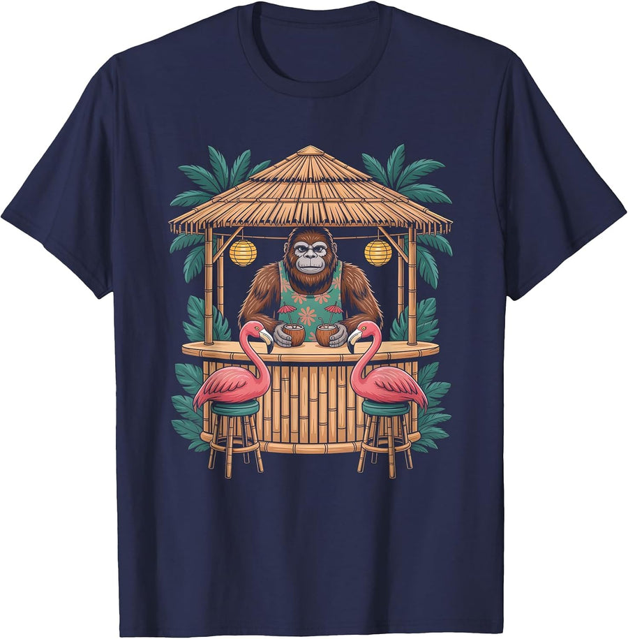Bigfoot Flamingo Tiki Bar Summer Sun Cocktail Humor T-Shirt - Navy Blue