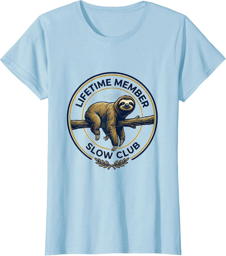 Women's Lifetime Member Slow Club Funny Sloth Lover Deadpan Humor T-Shirt - Baby Blue