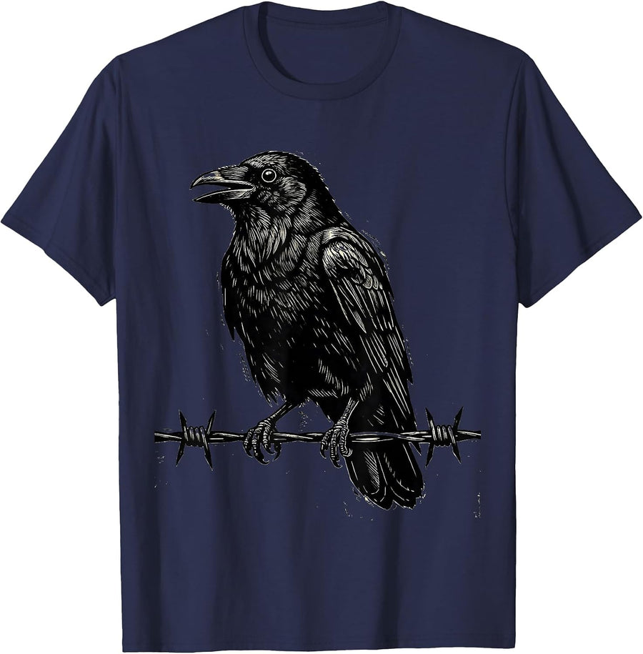 Crow Perched on Barbed Wire Fence Illustration T-Shirt - Navy Blue