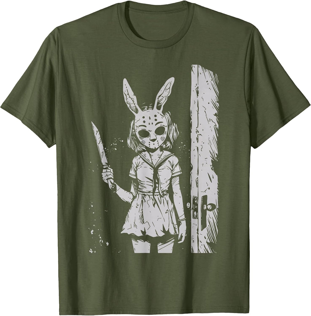 Horror Bunny Mask Girl Rabbit Alt Goth Slasher Creepy Anime T-Shirt - Olive Green