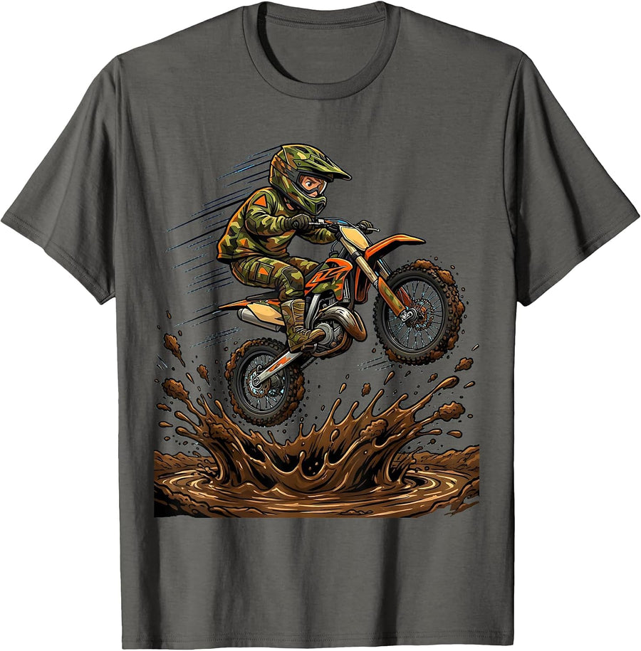 Youth Camo Dirt Bike Mid-Air Mud Pit Graphic T-Shirt - Asphalt Grey