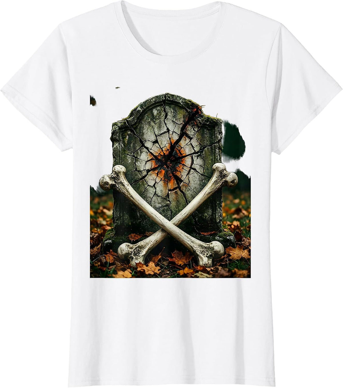 Women's Vintage Halloween Cracked Tombstone Crossed Bones T-Shirt - White