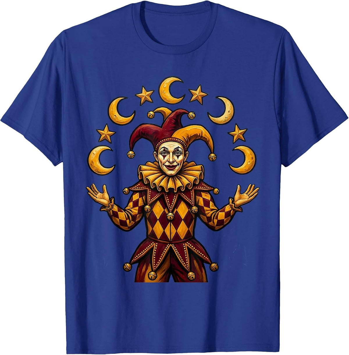 Mardi Gras Jester Juggling Moons and Stars T-Shirt - Royal Blue