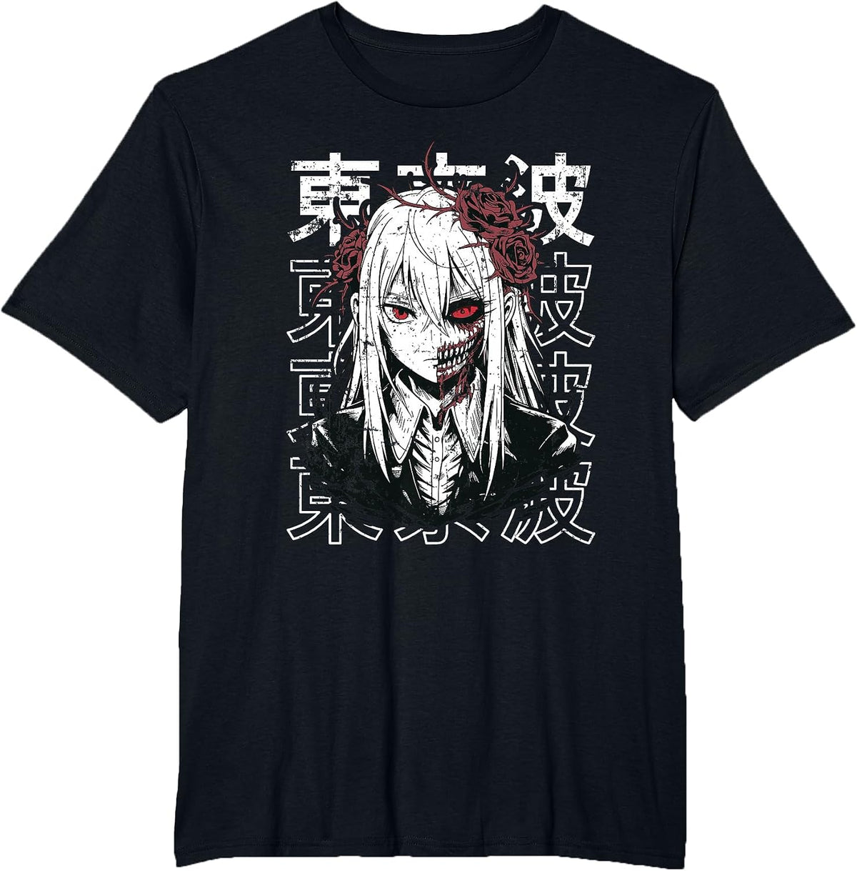 Horror Anime Goth Girl Oni Mask Creepy Japanese Horror Manga T-Shirt - Black