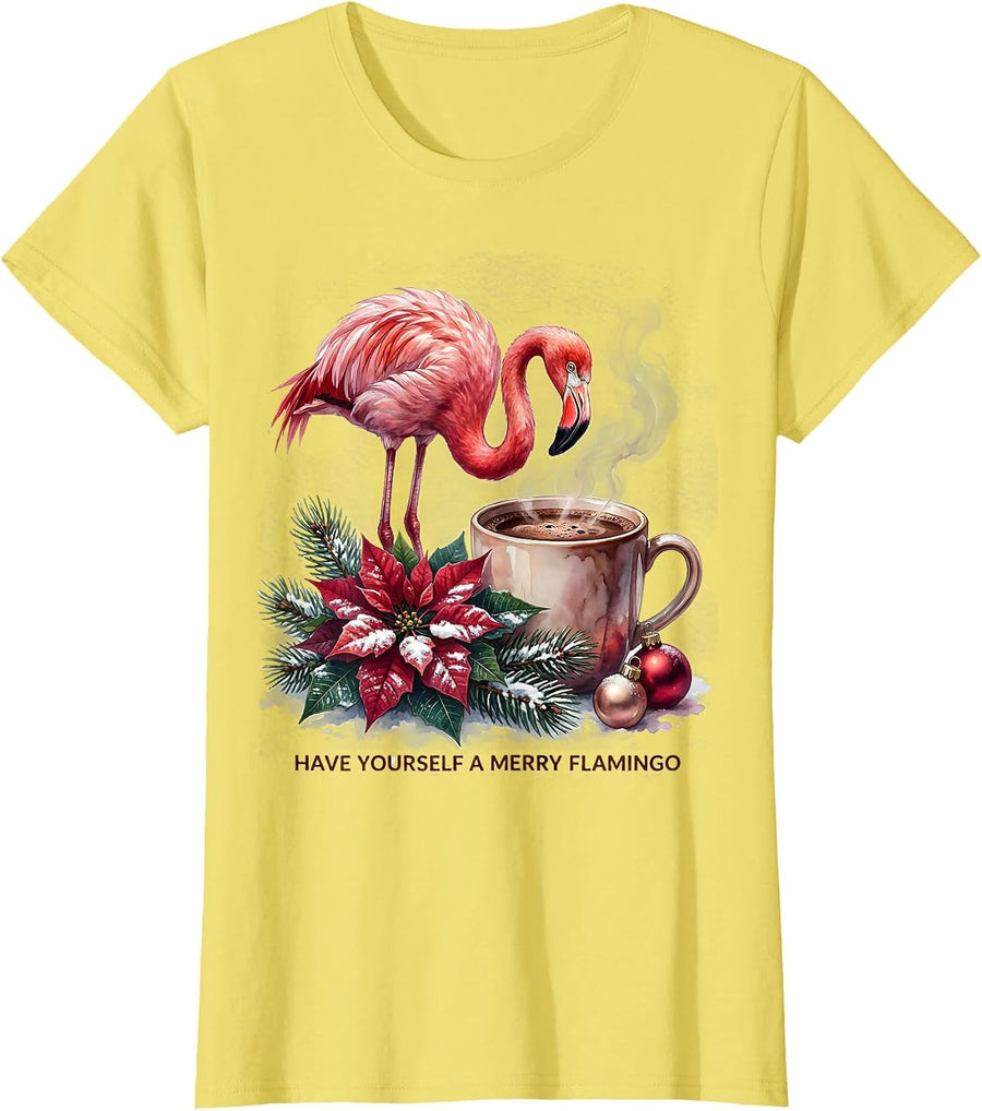 Have Yourself A Merry Flamingo Whimsical Tropical Christmas T-Shirt - Lemon Yellow