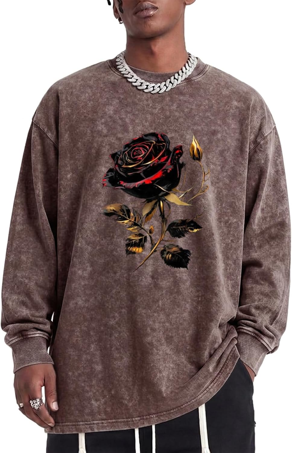 Goth Graphic Long Sleeve Shirts for Men Gothic Rose Shirt Grunge Vintage Streetwear Shirts Acid Wash Tshirts - Coffee