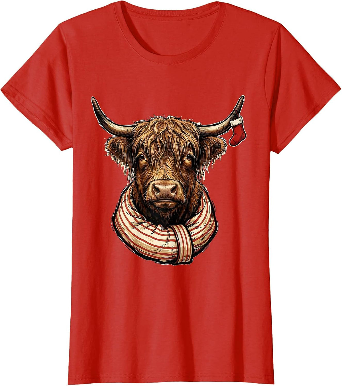 Shaggy Highland Cow Pajama Sleeve Holiday Humor T-Shirt - Red