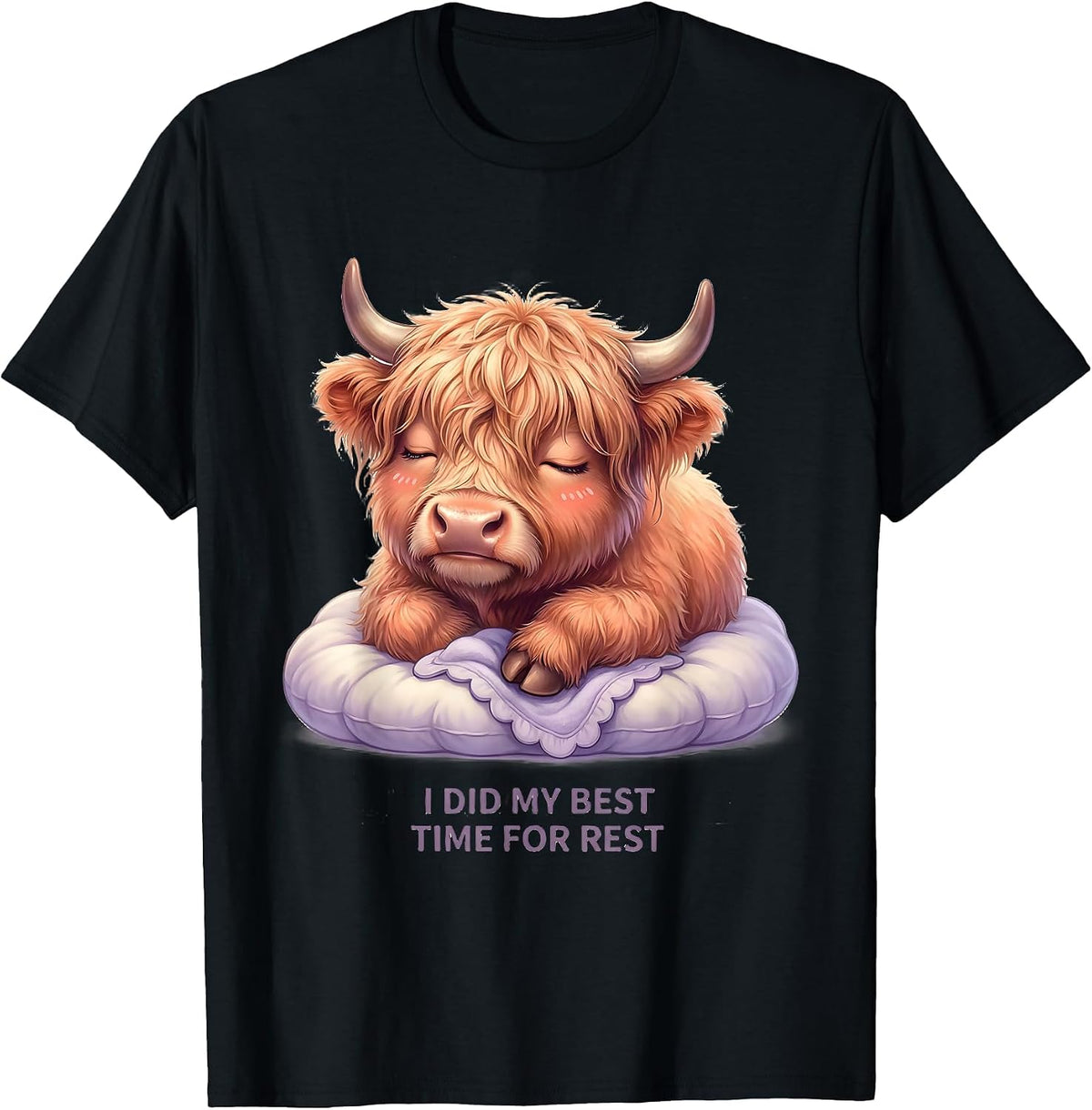 Men's I Did My Best, Time For Rest Cute Kawaii Highland Cow T-Shirt - Black