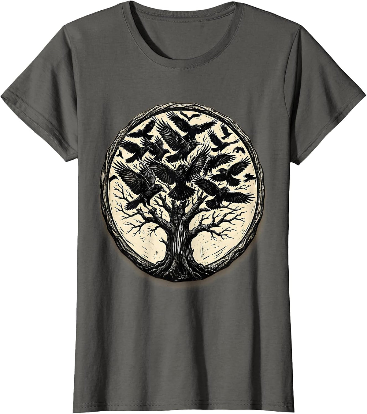 Women's Flock of Crows Bursting From Dead Tree T-Shirt - Asphalt Grey