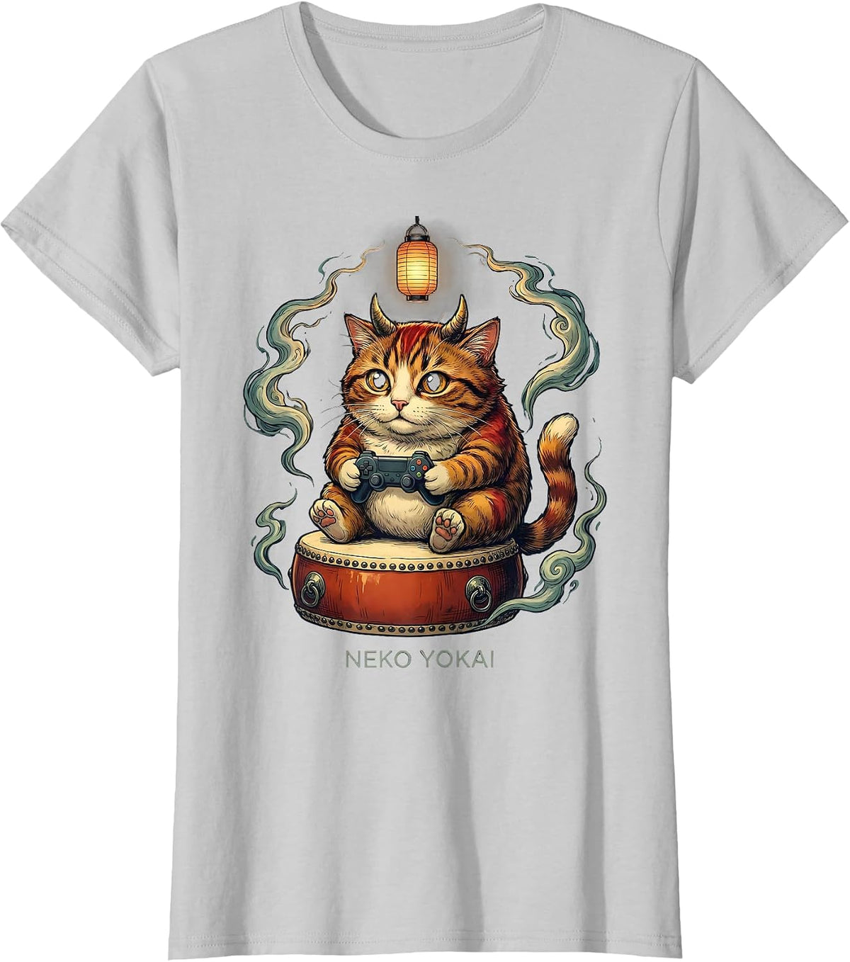 Women's Neko Yokai Funny Cat Anime Gaming Ramen Cat Lover T-Shirt - Silver Grey