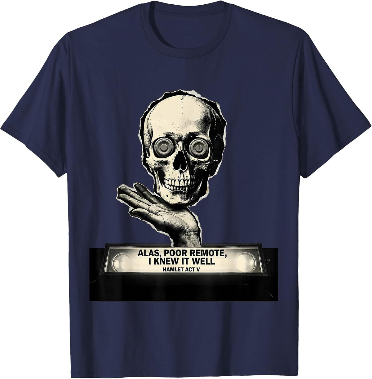 Men's Alas, Poor Remote, I Knew It Well, Hamlet Act V Literary T-Shirt - Navy Blue
