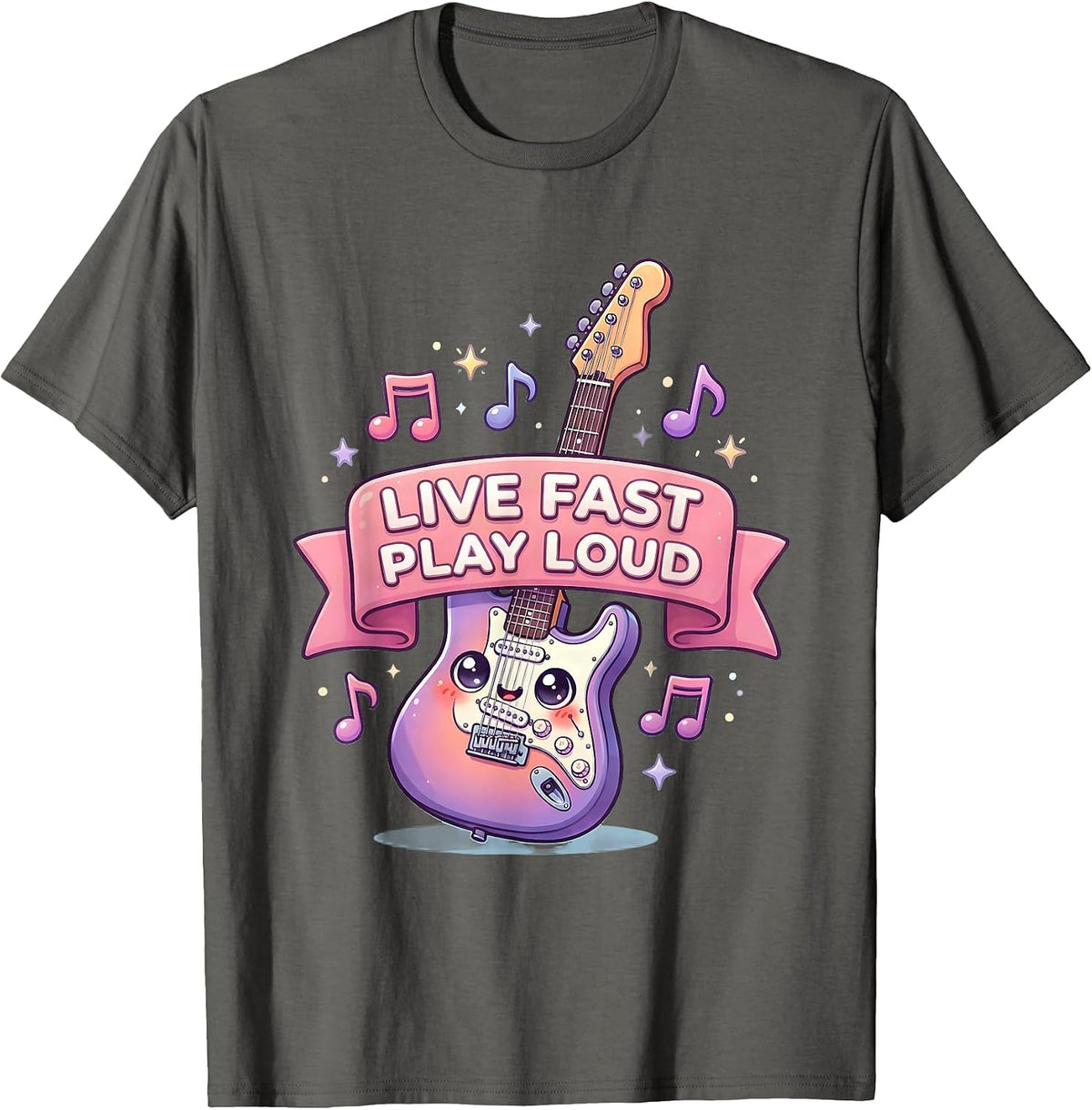 Men's Live Fast Play Loud Rock Music Graphic Design T-Shirt - Asphalt Grey