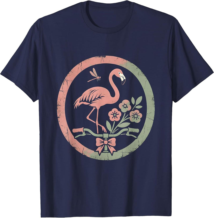 Flamingo on Vintage Bicycle Graphic Tee T-Shirt - Navy Blue