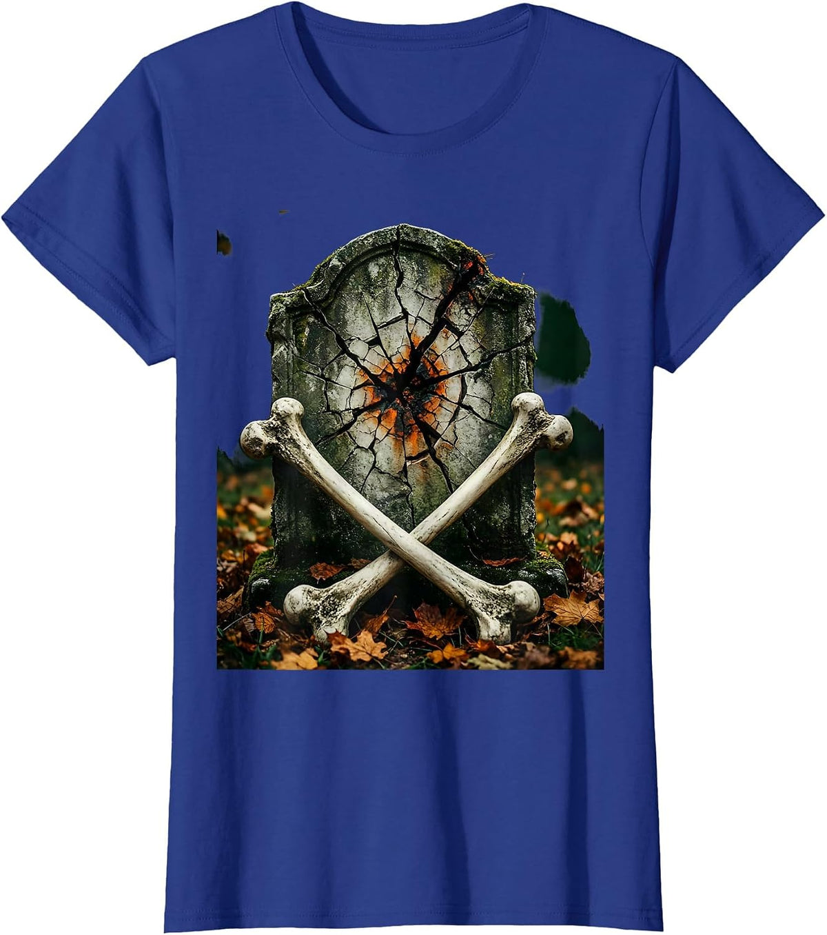 Women's Vintage Halloween Cracked Tombstone Crossed Bones T-Shirt - Royal Blue