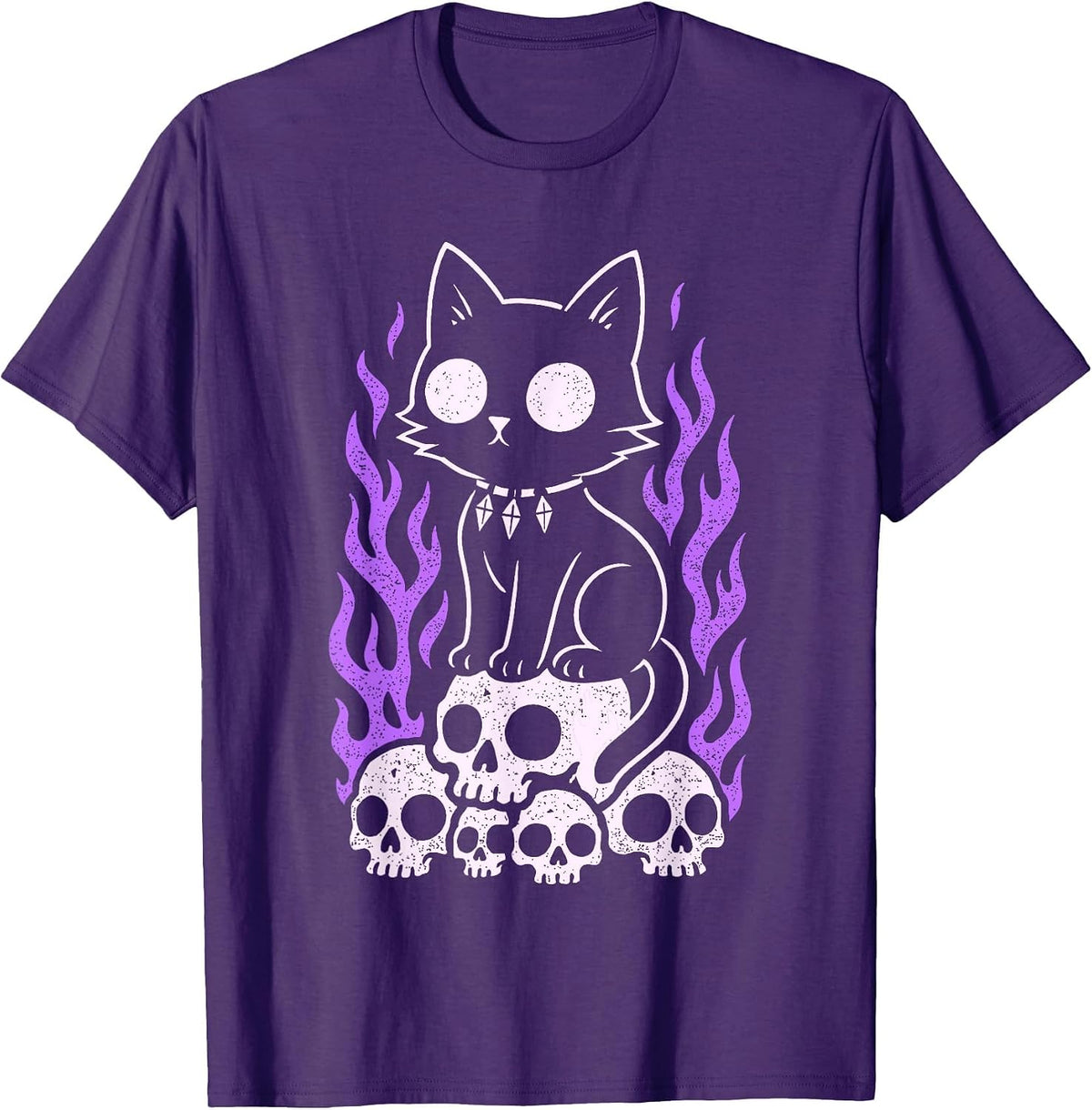 Cat Kitty Skulls Creepy Cute Kawaii Pastel Goth Purple Flame T-Shirt - Purple