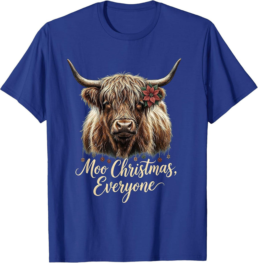Moo Christmas Everyone Funny Highland Cow Farm Humor T-Shirt - Royal Blue