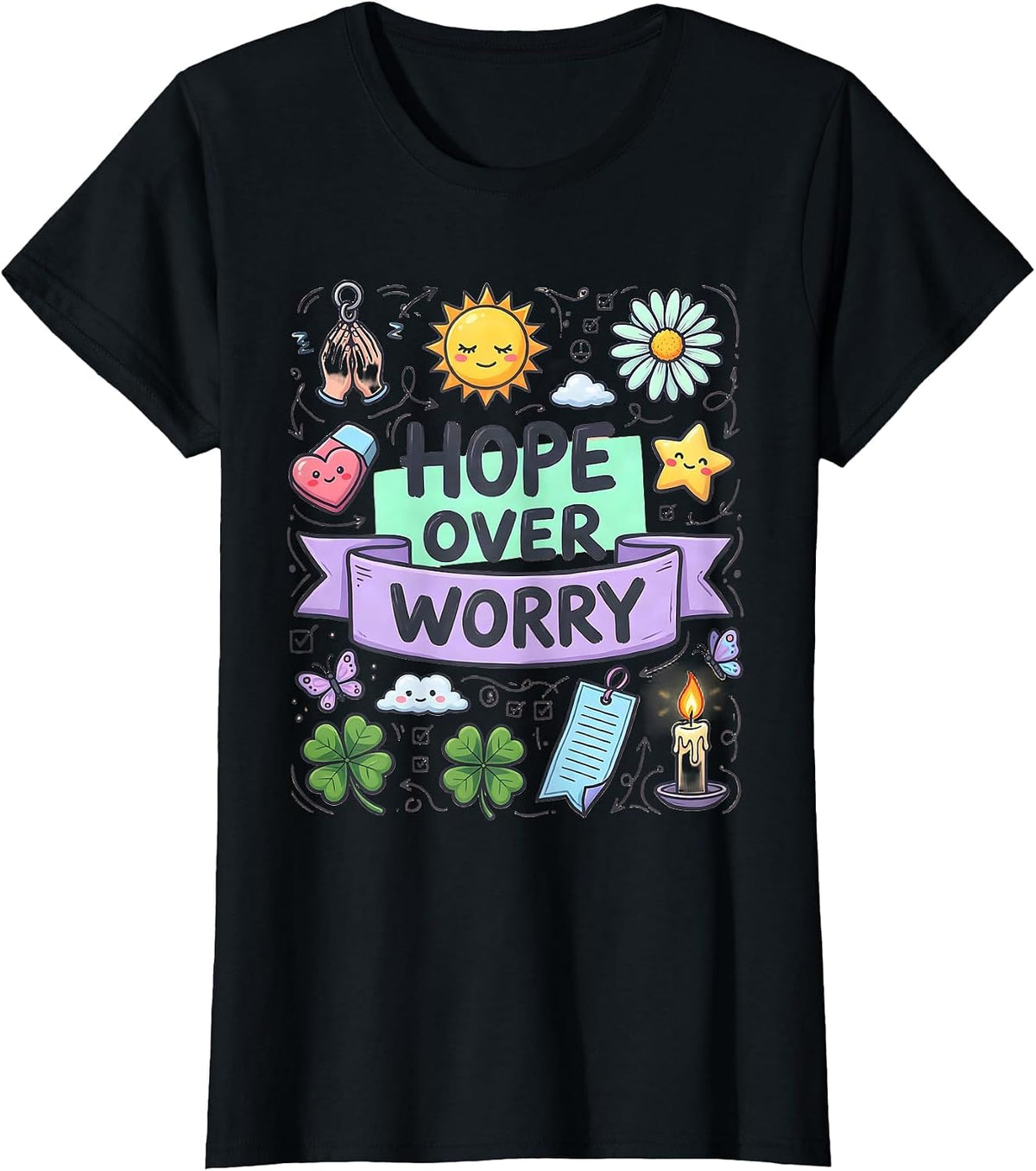 Women's Hope Over Worry Faith Over Fear Inspirational Design T-Shirt - Black
