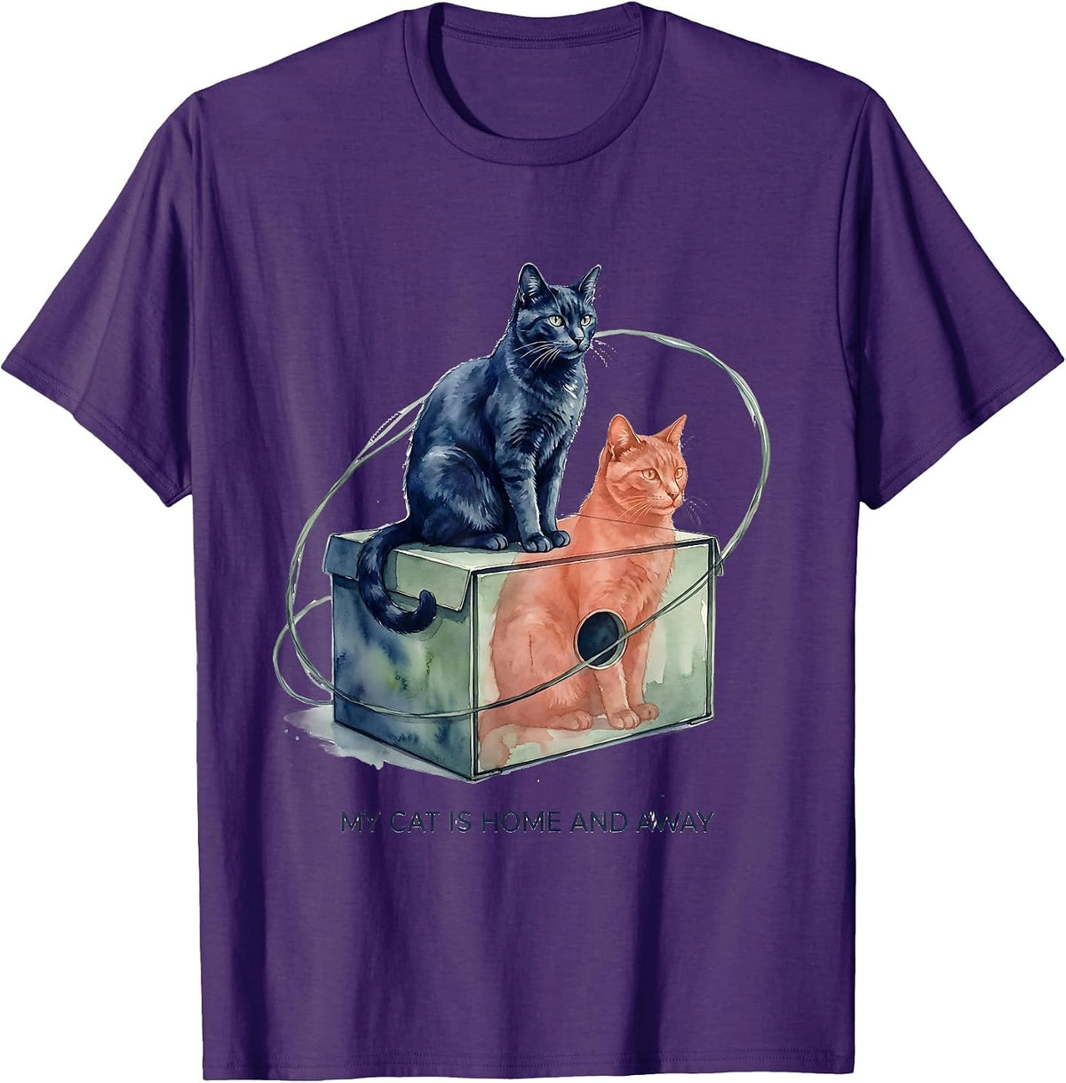 My Cat Is Home And Away Watercolor Quantum Physics Humor T-Shirt - Purple