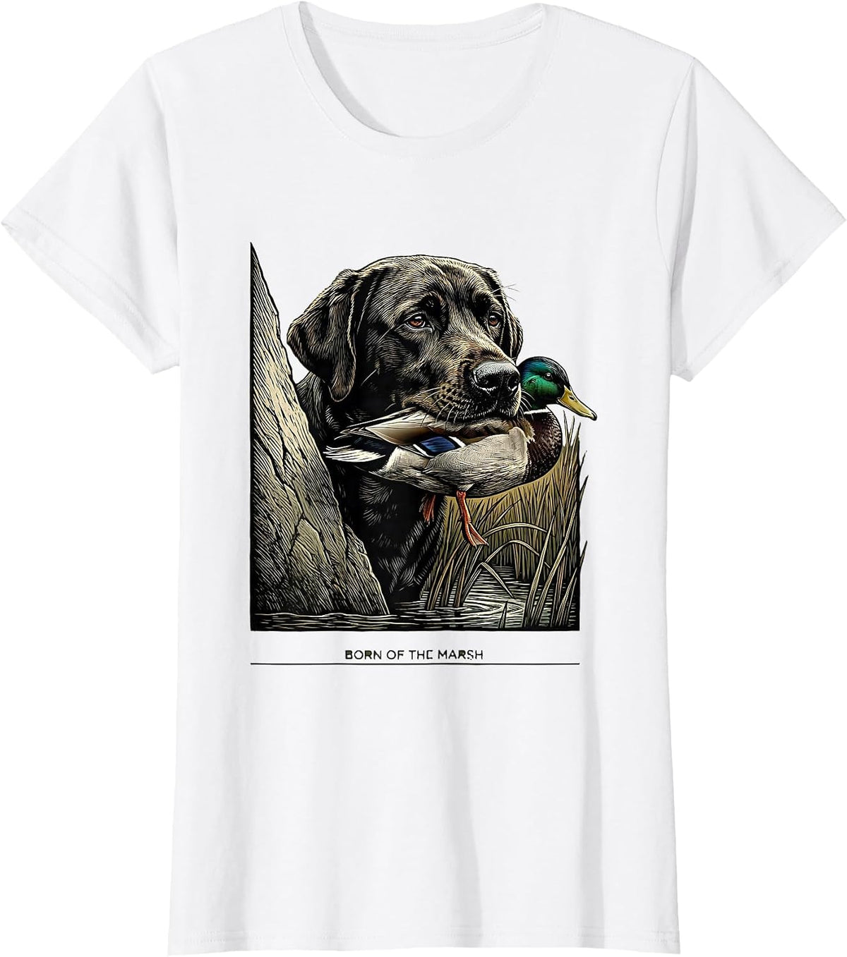 Born Of The Marsh Woodcut Hunting Dog Labrador Duck Youth T-Shirt - White