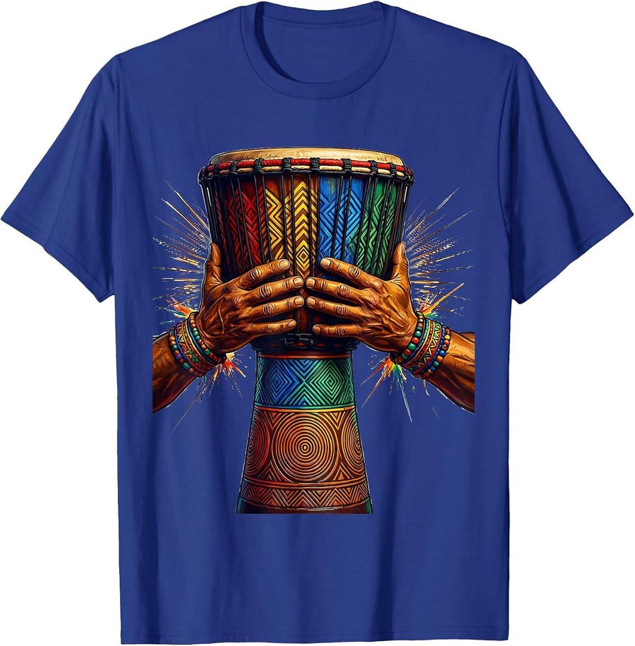 African Tribal Drummer Hands Carved Drum Graphic T-Shirt - Royal Blue