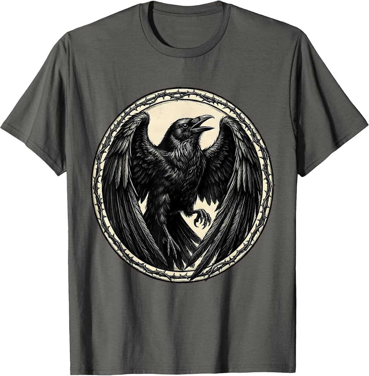 Gothic Crow Raised Talon Defiant Pose Illustration T-Shirt - Asphalt Grey