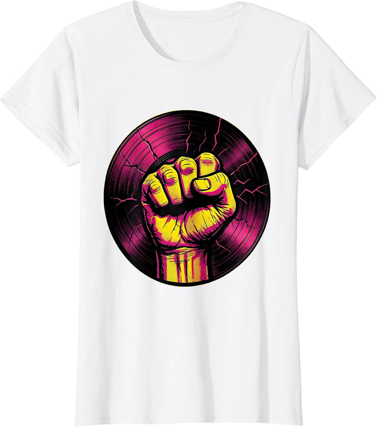 90s Rock Fist Cracked Vinyl Record Graphic T-Shirt - White