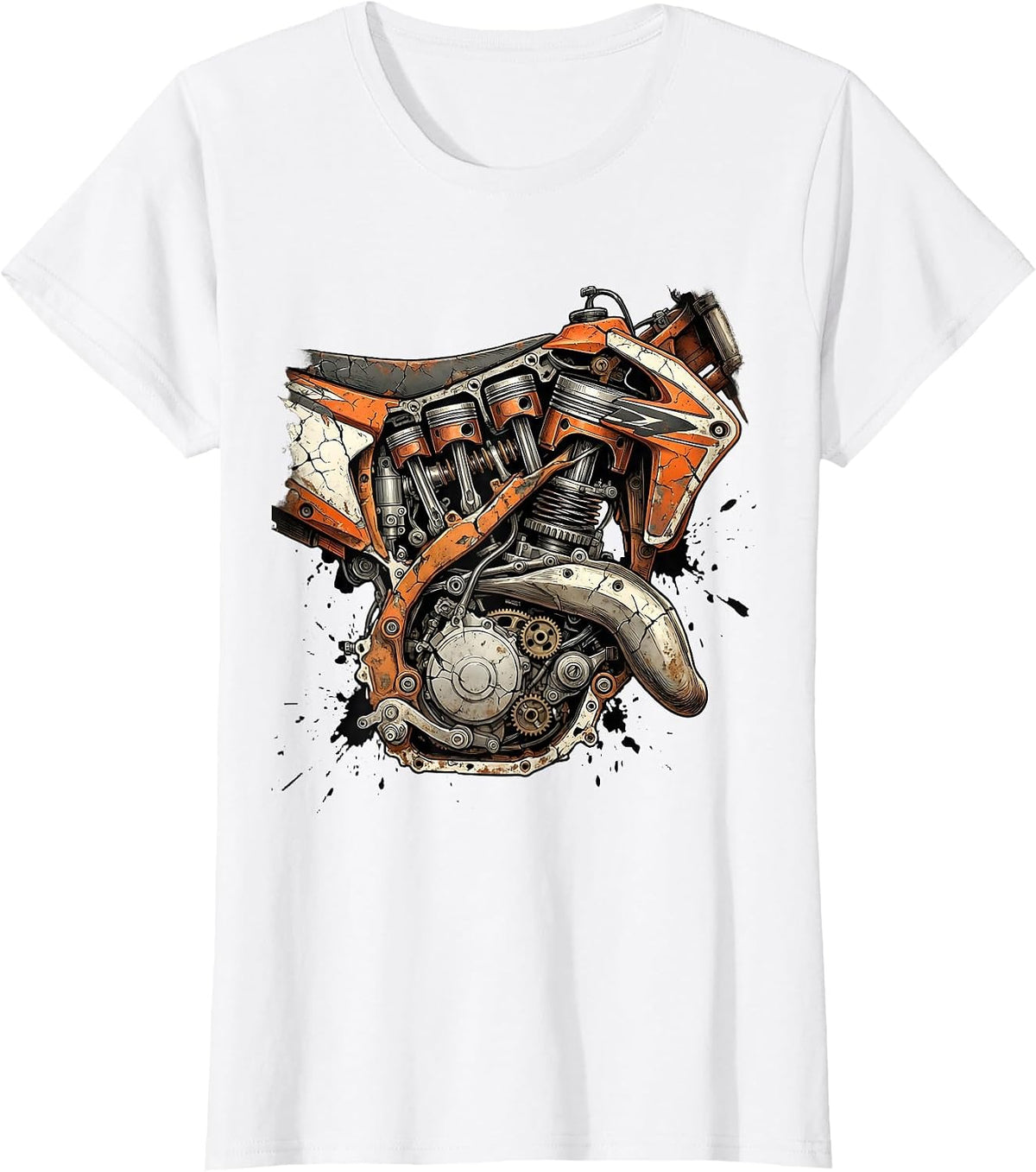 Dirt Bike Engine Cutaway Cross-Section Graphic T-Shirt - White