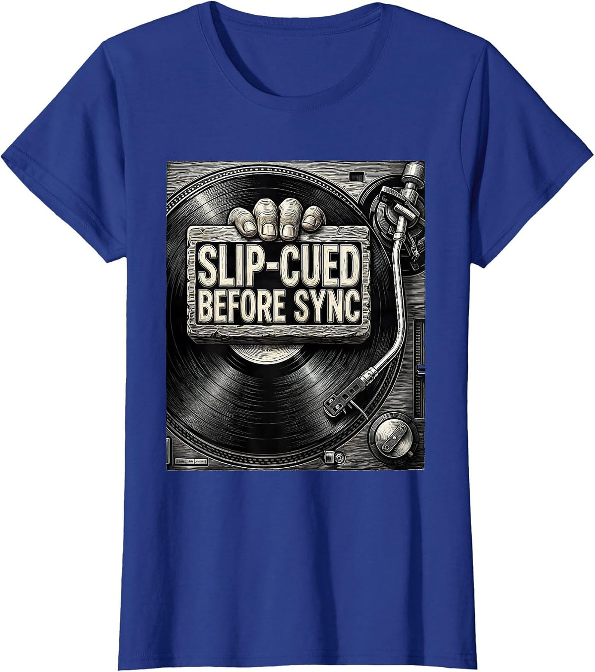 Women's Slip-Cued Before Sync Retro DJ Gift Vintage Electronic Music T-Shirt - Royal Blue