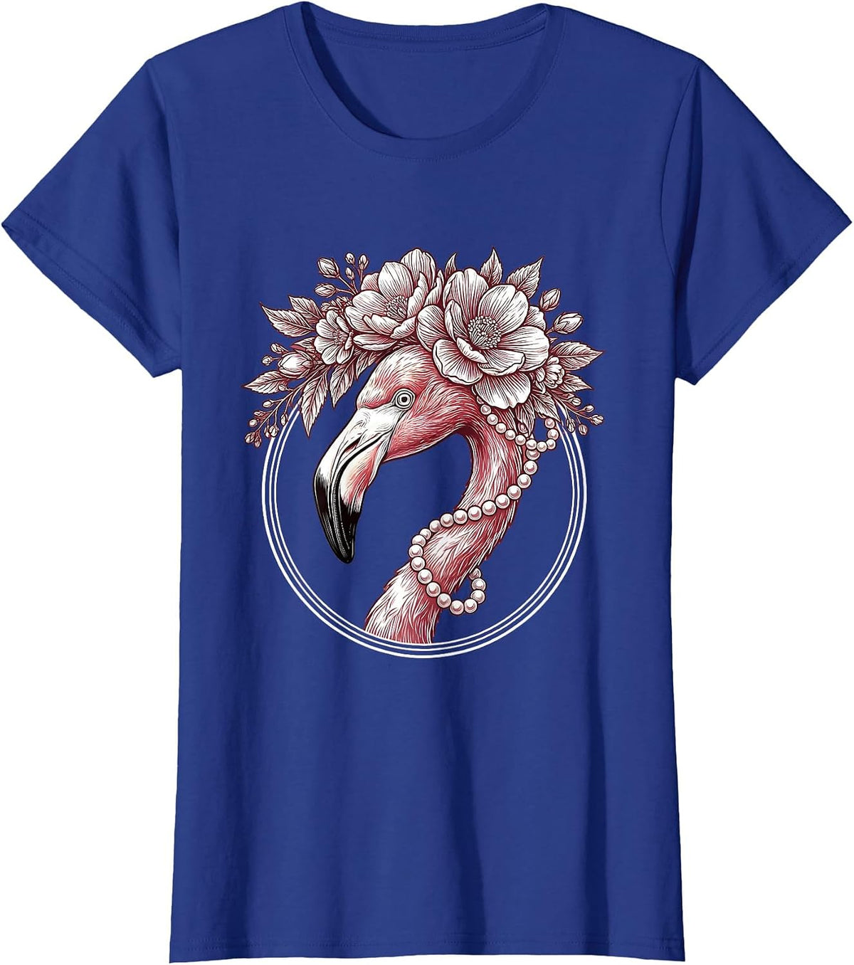 Women's Flamingo Floral Crown and Pearls Illustration T-Shirt - Royal Blue