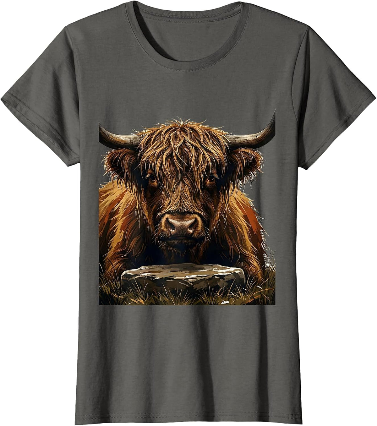 Women's Highland Cow Head Gouache Poster Animal Lover Humor T-Shirt - Asphalt Grey