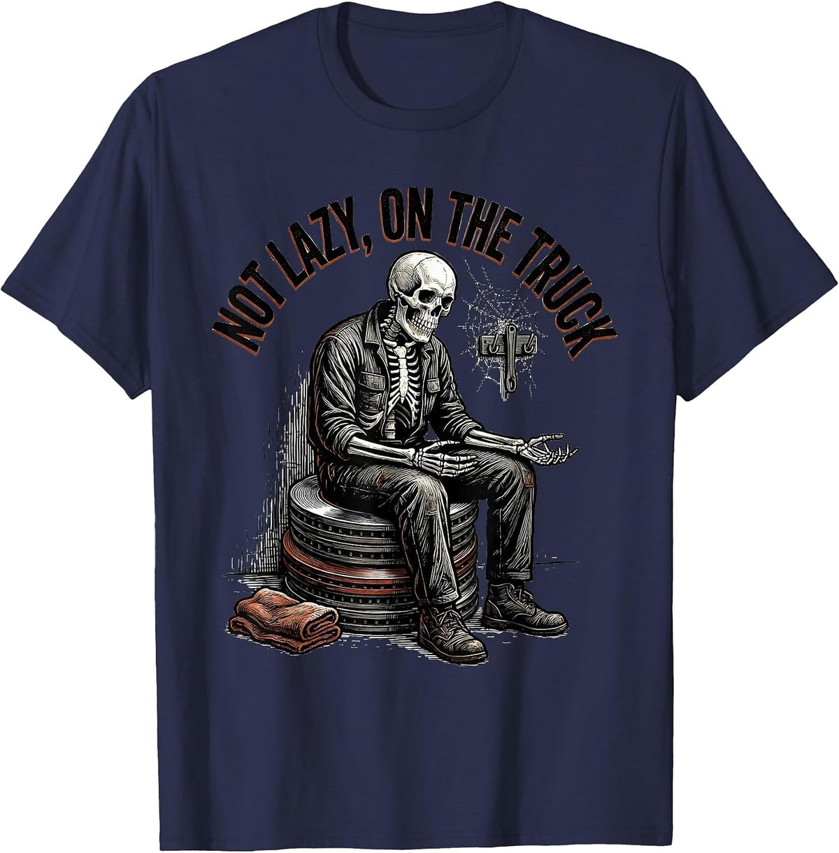 Men's Not Lazy On The Truck Funny Mechanic Skeleton Auto Repair T-Shirt - Navy Blue