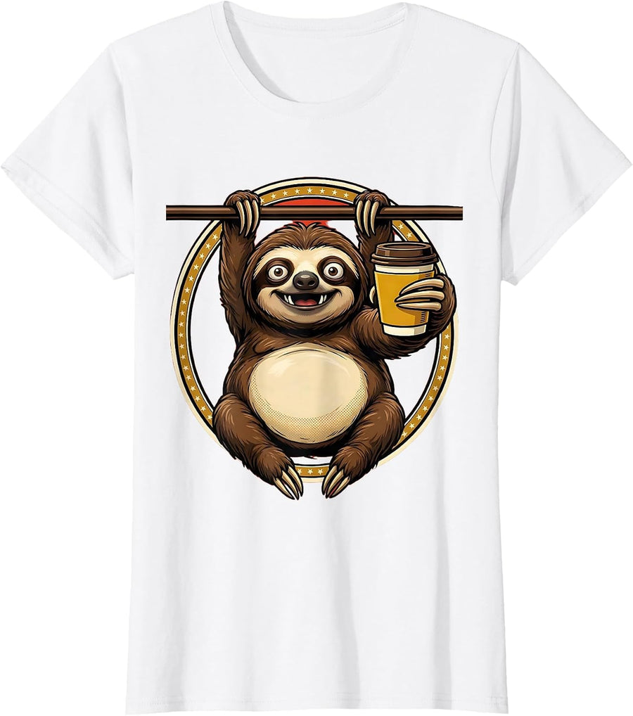 Women's Funny Sloth Hanging With Coffee Graphic T-Shirt - White