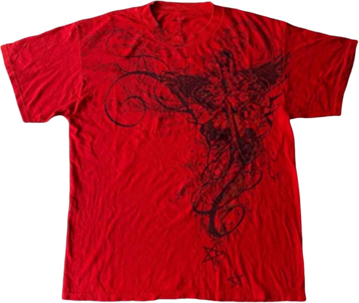 2000s Clothing Women Grunge Shirts Goth Tops Short Sleeve Vintage Tees Emo Clothes Streetwear - Red