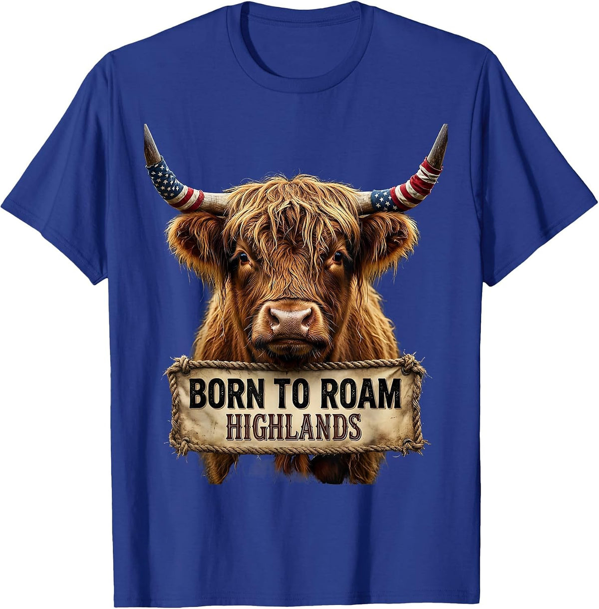 Men's Born to Roam Highlands Highland Cow Design T-Shirt - Royal Blue