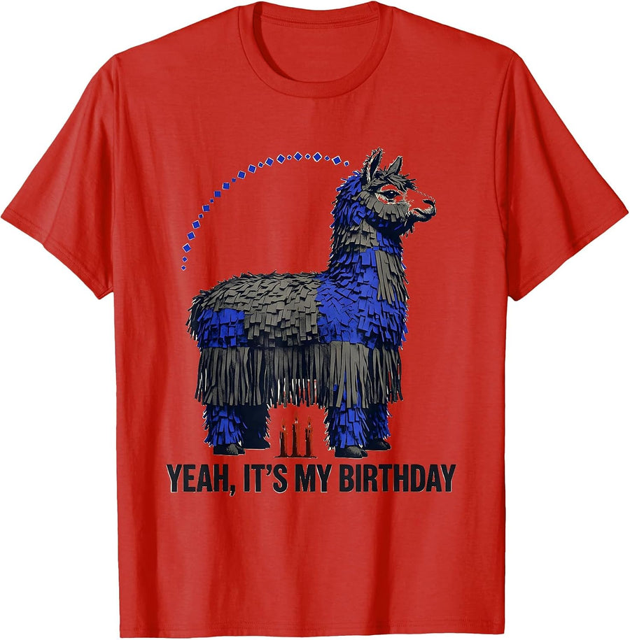 Men's Yeah, It's My Birthday Funny Llama Pinata Gamer Bday Boy T-Shirt - Red