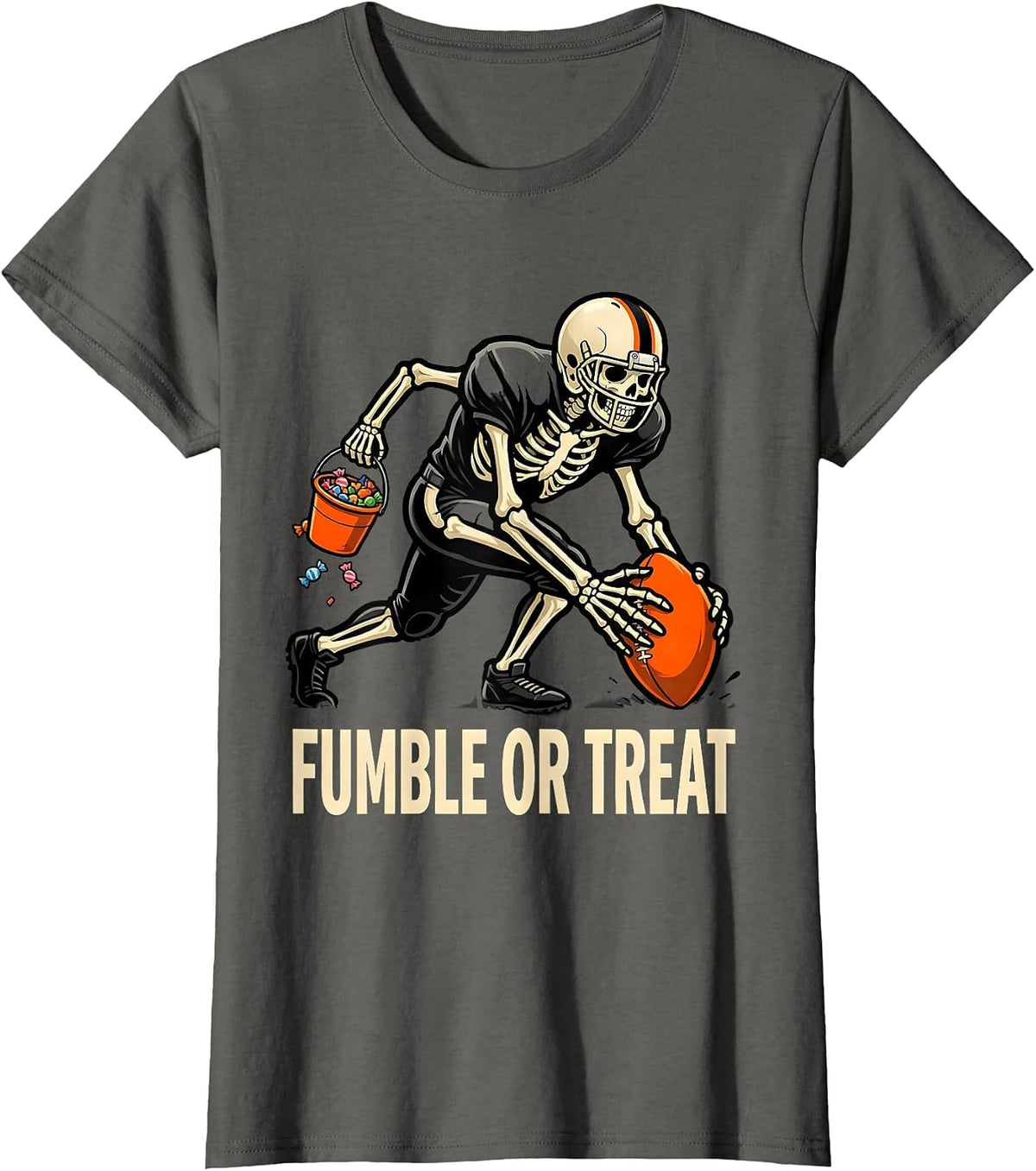 Women's Fumble Or Treat Cartoon Skeleton Football Halloween Costume T-Shirt - Asphalt Grey
