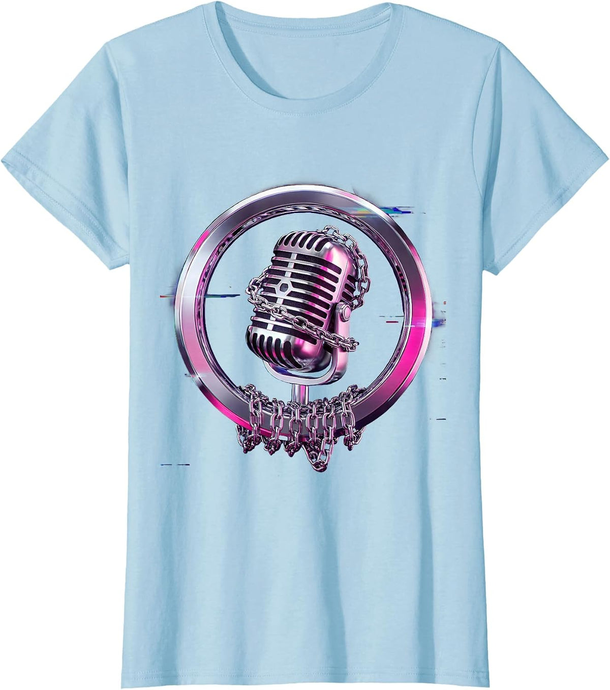 Women's Gold Chain Microphone Hip Hop Graphic Tee T-Shirt - Baby Blue