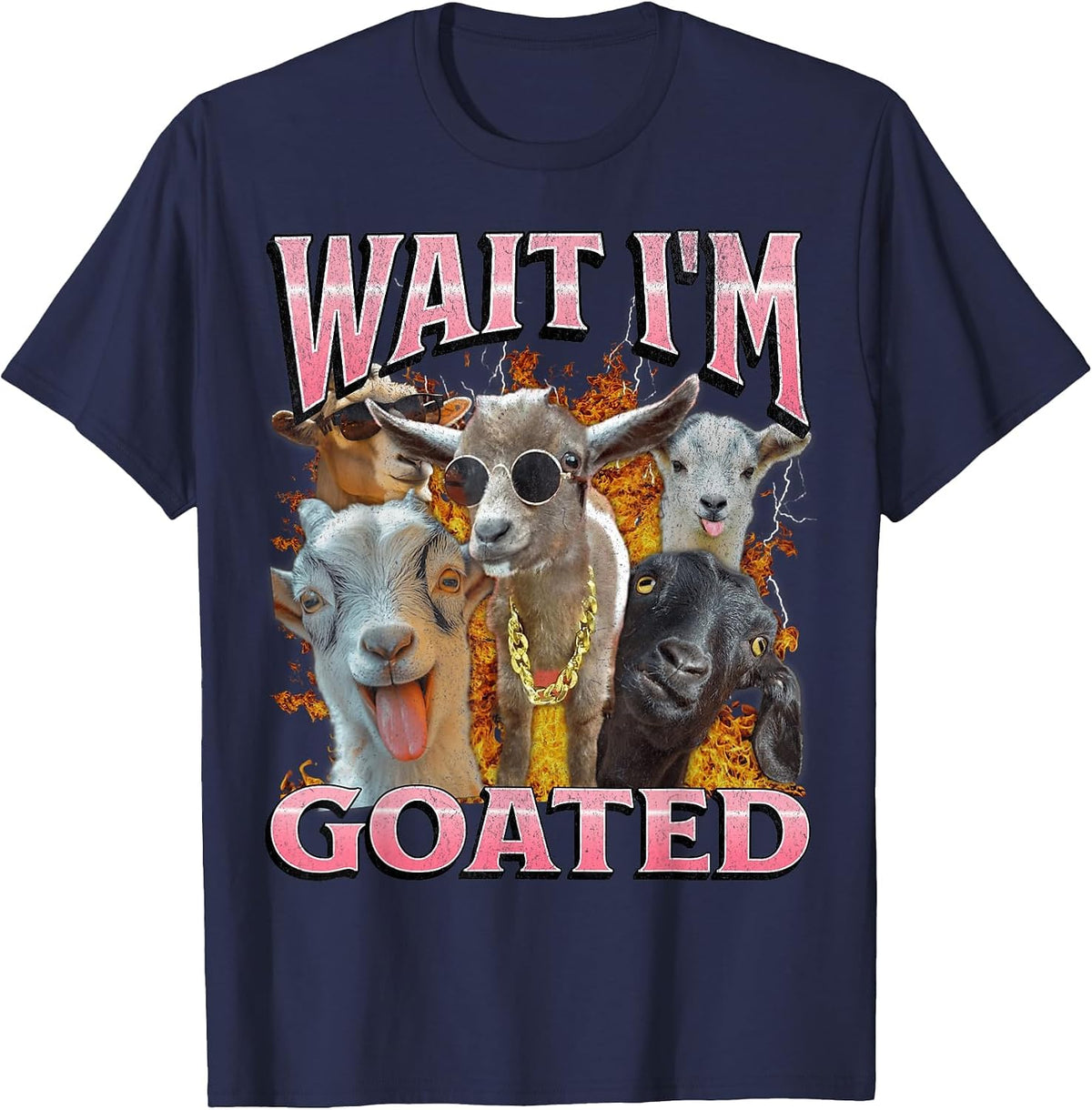 Wait I'm Goated Funny Offensive Goat Adult Humor Bootleg Y2K T-Shirt - Navy Blue