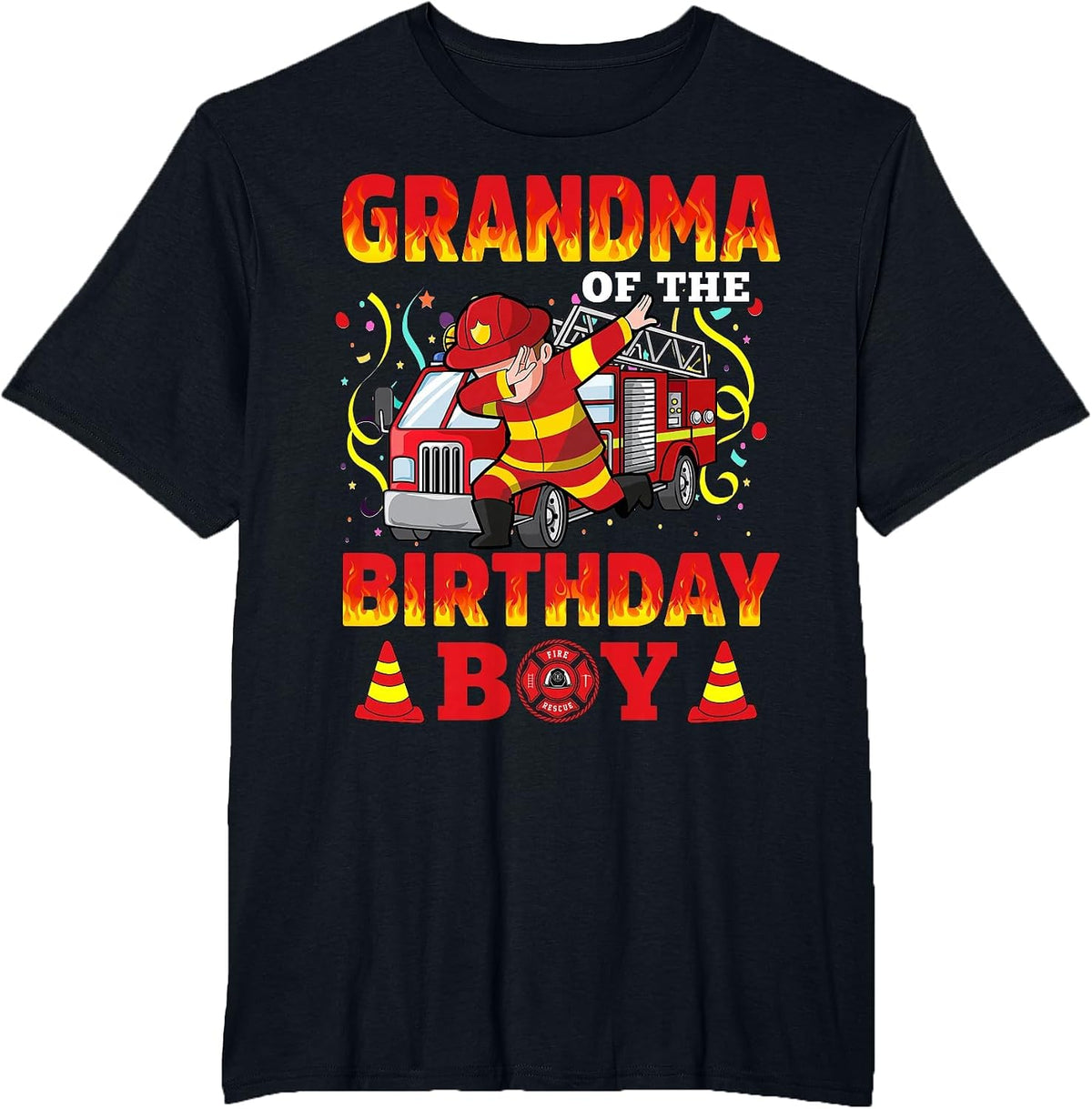 Grandma of The Birthday Boy Fire Truck Firefighter Boys T-Shirt - Black