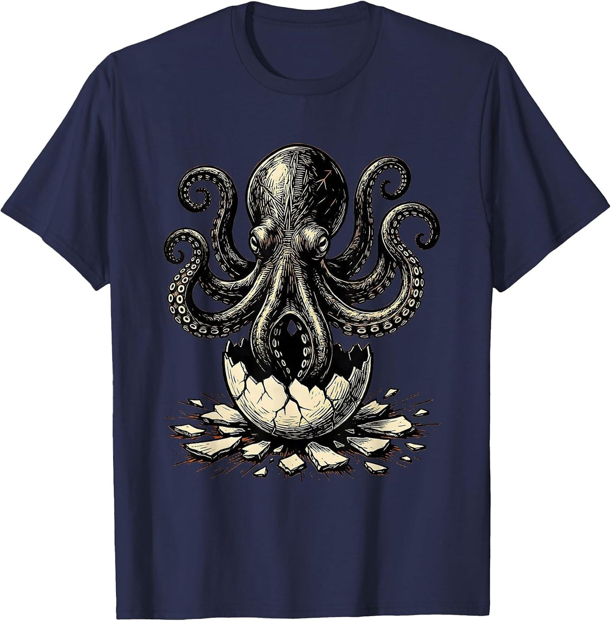 Octopus Emerging From Cracked Shell Graphic T-Shirt - Navy Blue
