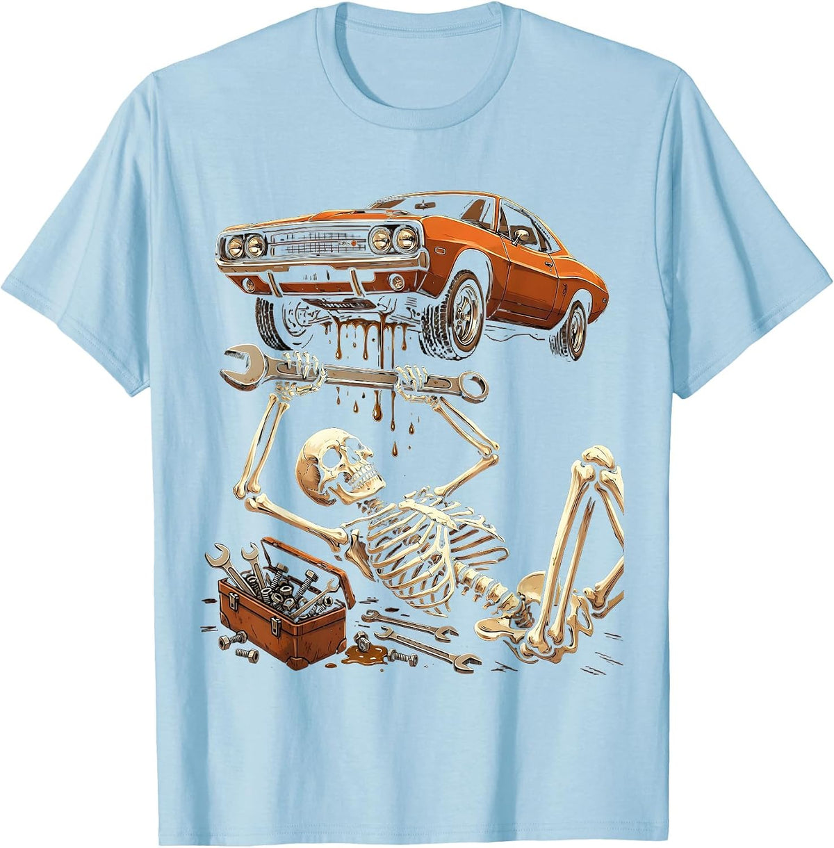 Men's Skeleton Mechanic Under Raised Car Graphic T-Shirt - Baby Blue