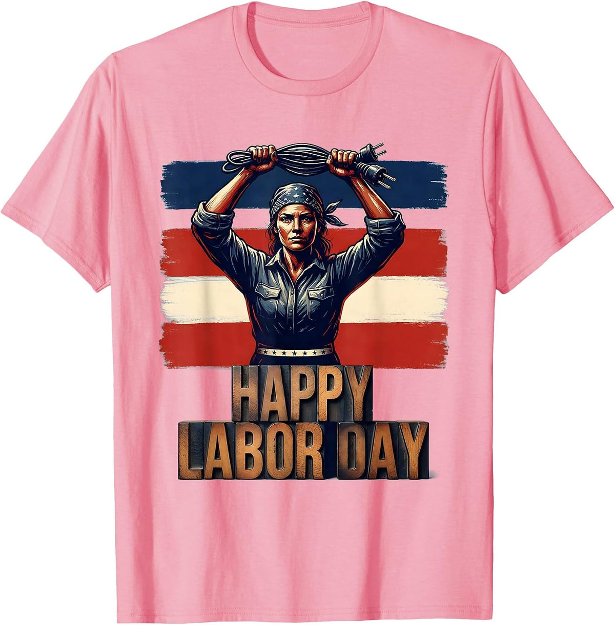 Men's Happy Labor Day Patriotic Woman Electrician Wood Type T-Shirt - Pink