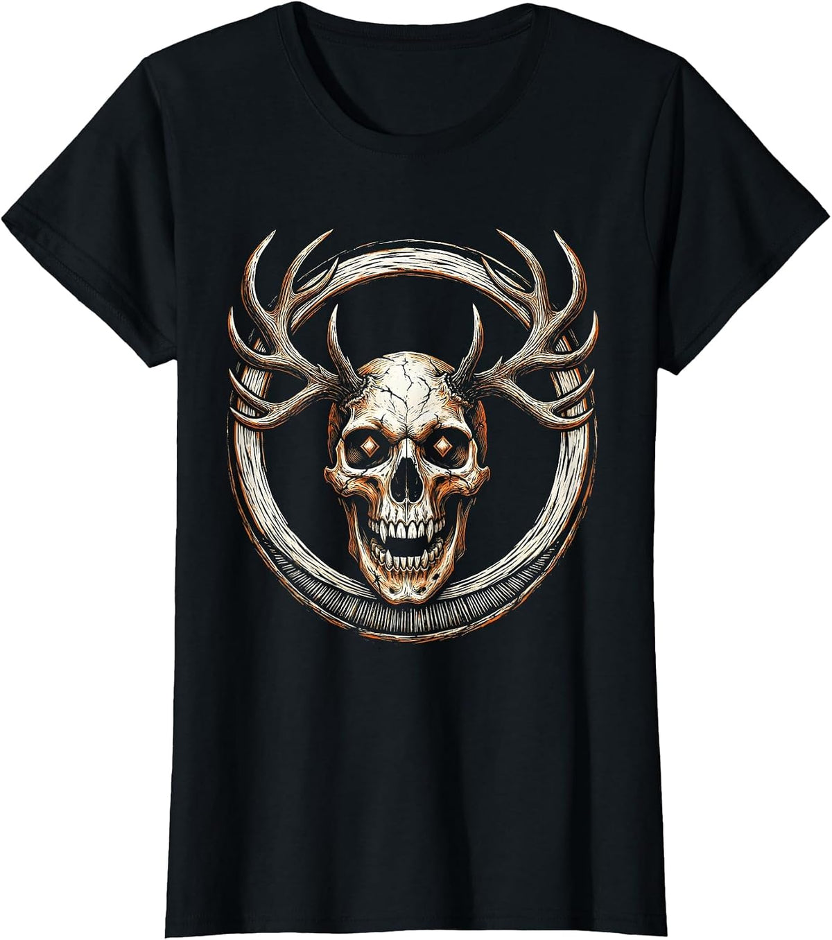 Demon Skull Antlers Glowing Eyes Halloween Design T-Shirt - Black