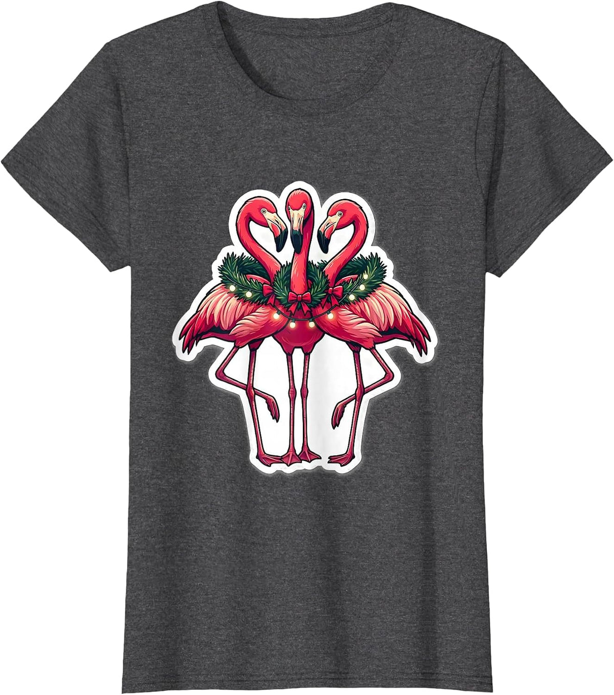 Women's Pink Flamingo Cluster Holiday Novelty Sticker Style T-Shirt - Dark Heather Grey