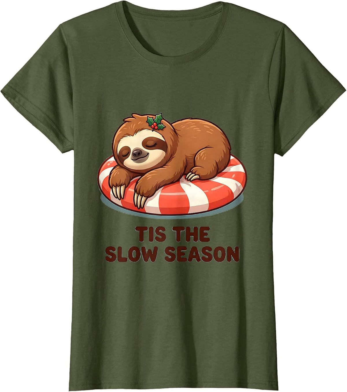 Women's Tis The Slow Season Cute Kawaii Sloth Lover Christmas Humor T-Shirt - Olive Green